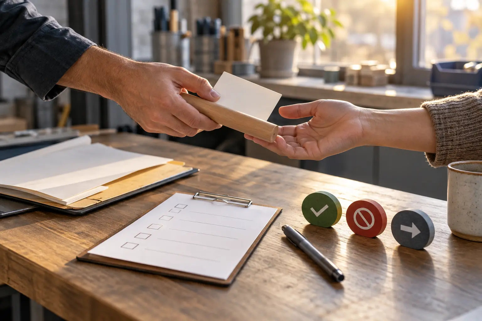 Two people exchanging a blank status card and wooden baton beside a checklist and three status markers