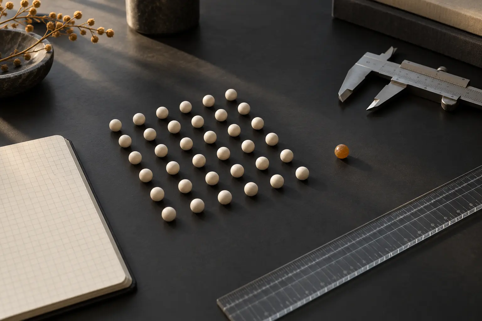 Conceptual measurement grid with one amber token separated from a group of pale tokens beside a ruler and caliper