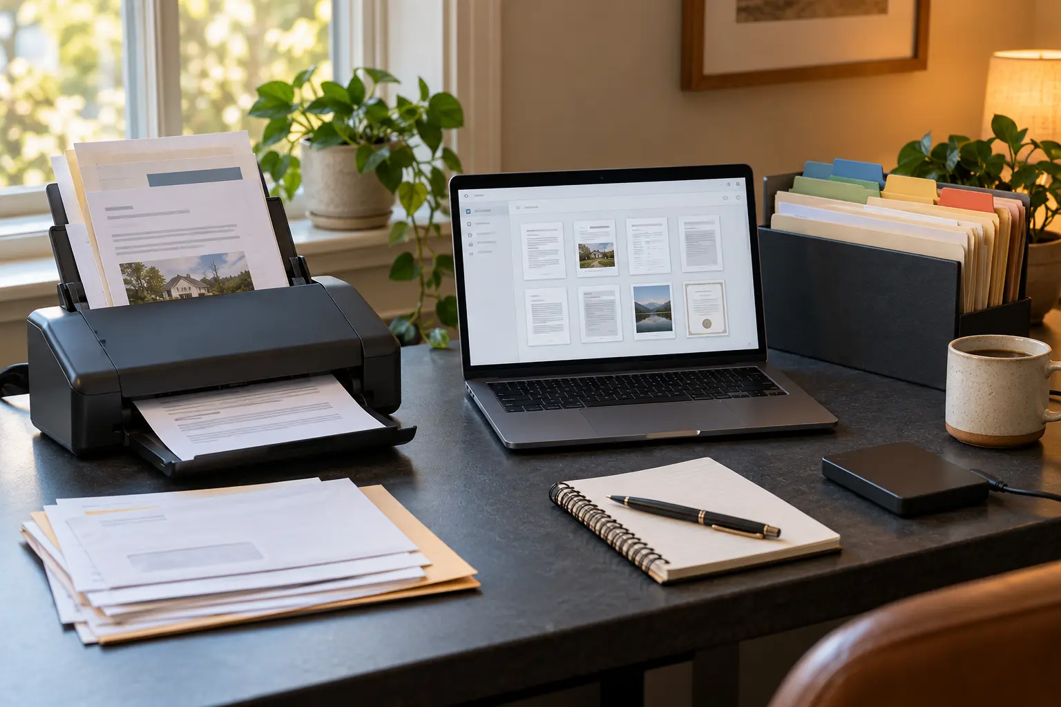 Generic document scanner, laptop with document thumbnails, organized folders and external backup drive on a home-office desk