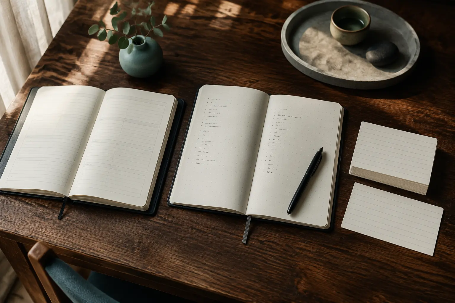 An open time-block planner, dotted notebook and stack of index cards arranged as three distinct paper planning systems