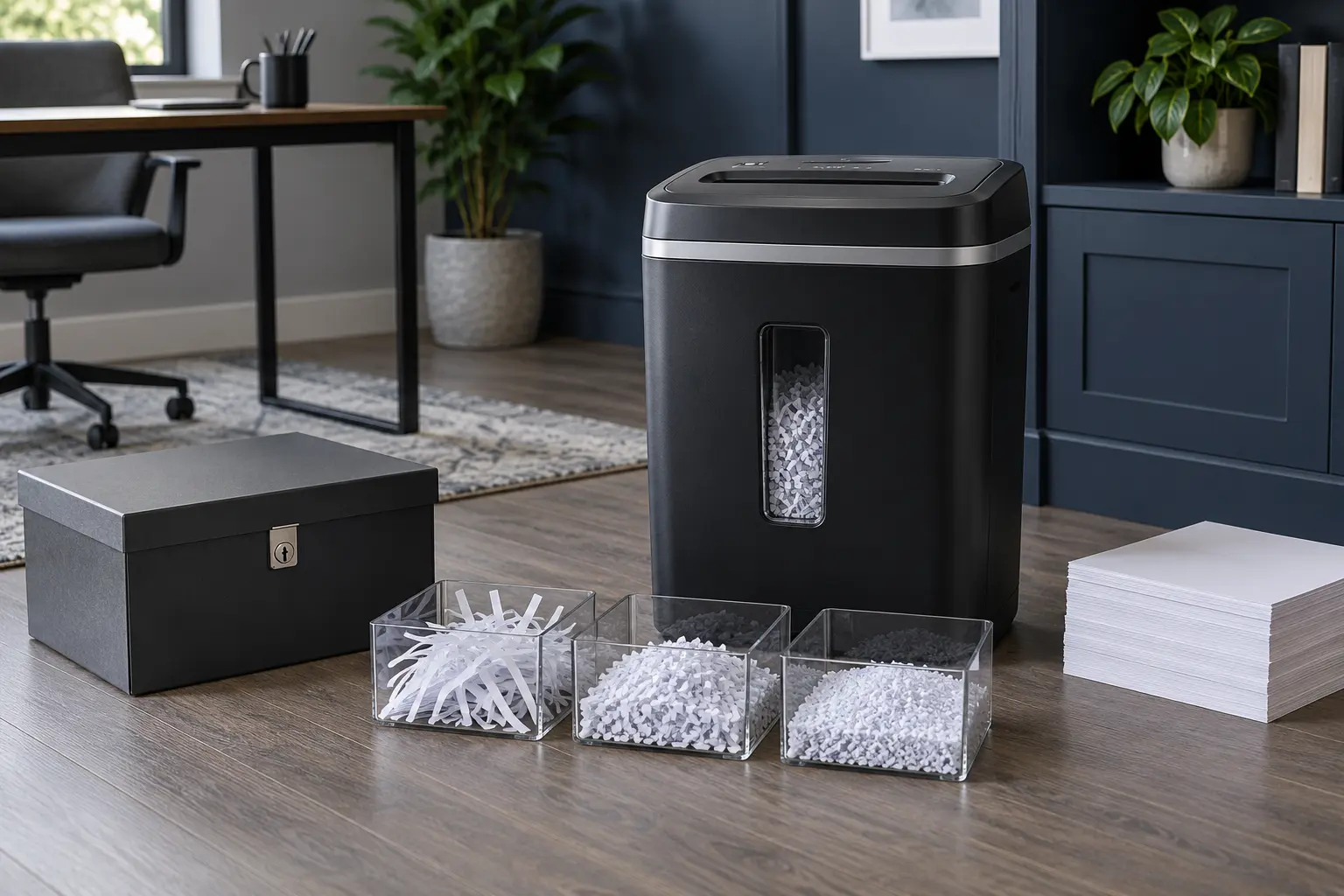 An unbranded paper shredder beside samples of long strips, small cross-cut pieces and fine micro-cut pieces