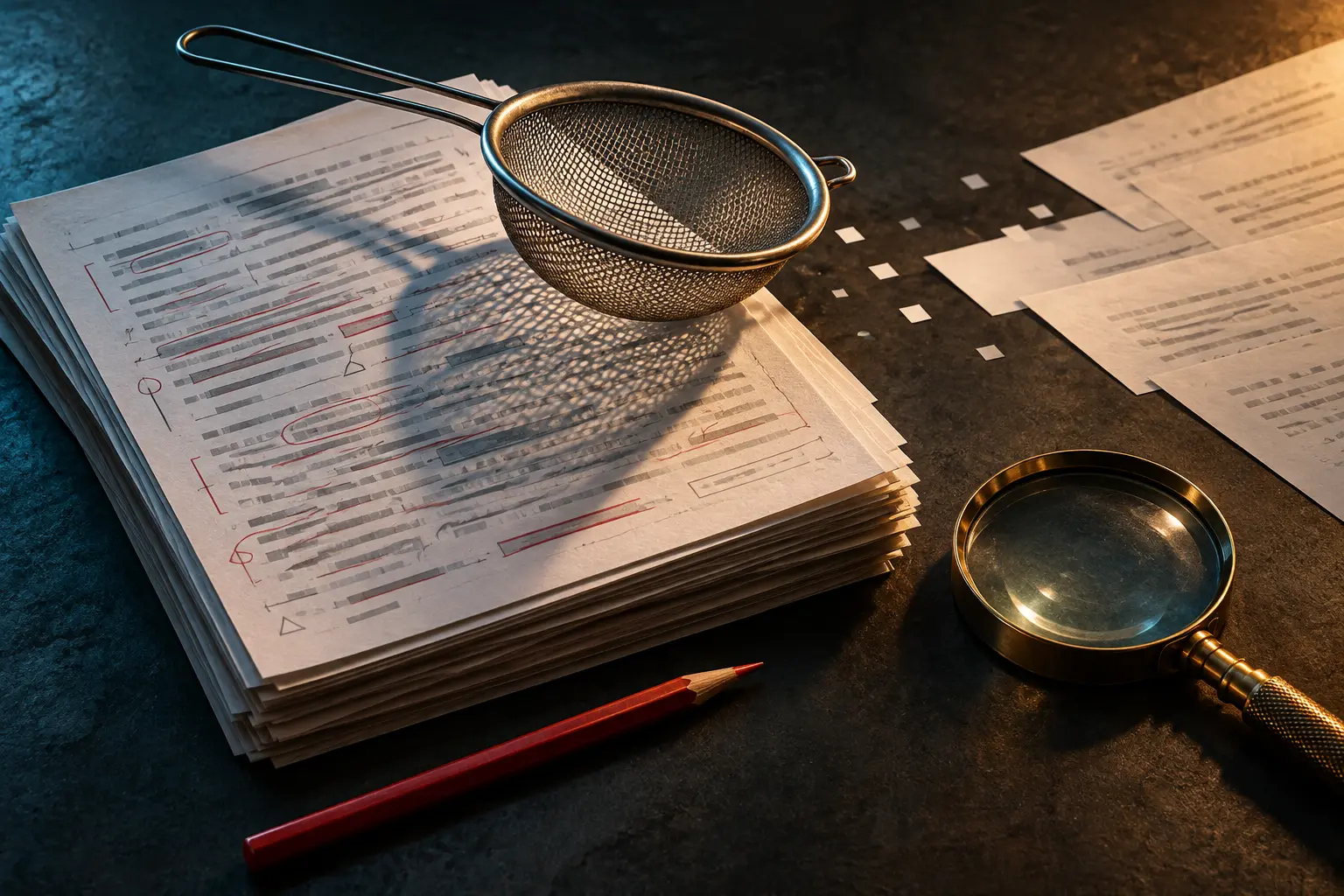 Conceptual manuscript pages beneath a metal sieve beside a red pencil and magnifying glass
