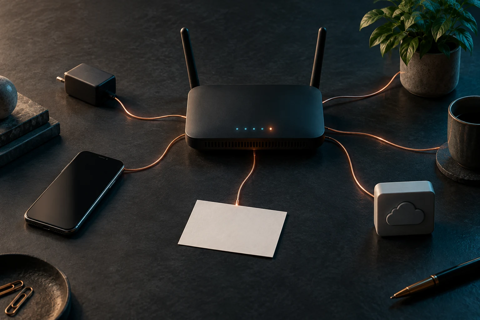 Conceptual unbranded router connected by copper threads to a phone, power adapter, blank paper card and cloud storage symbol