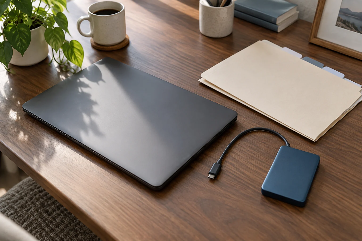 Closed unbranded laptop beside blank folders and an external drive on a calm home-office desk