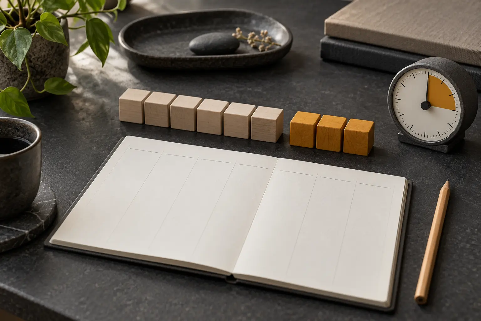 Conceptual planning desk with pale capacity blocks, a small reserved group of amber blocks, a blank weekly planner and timer