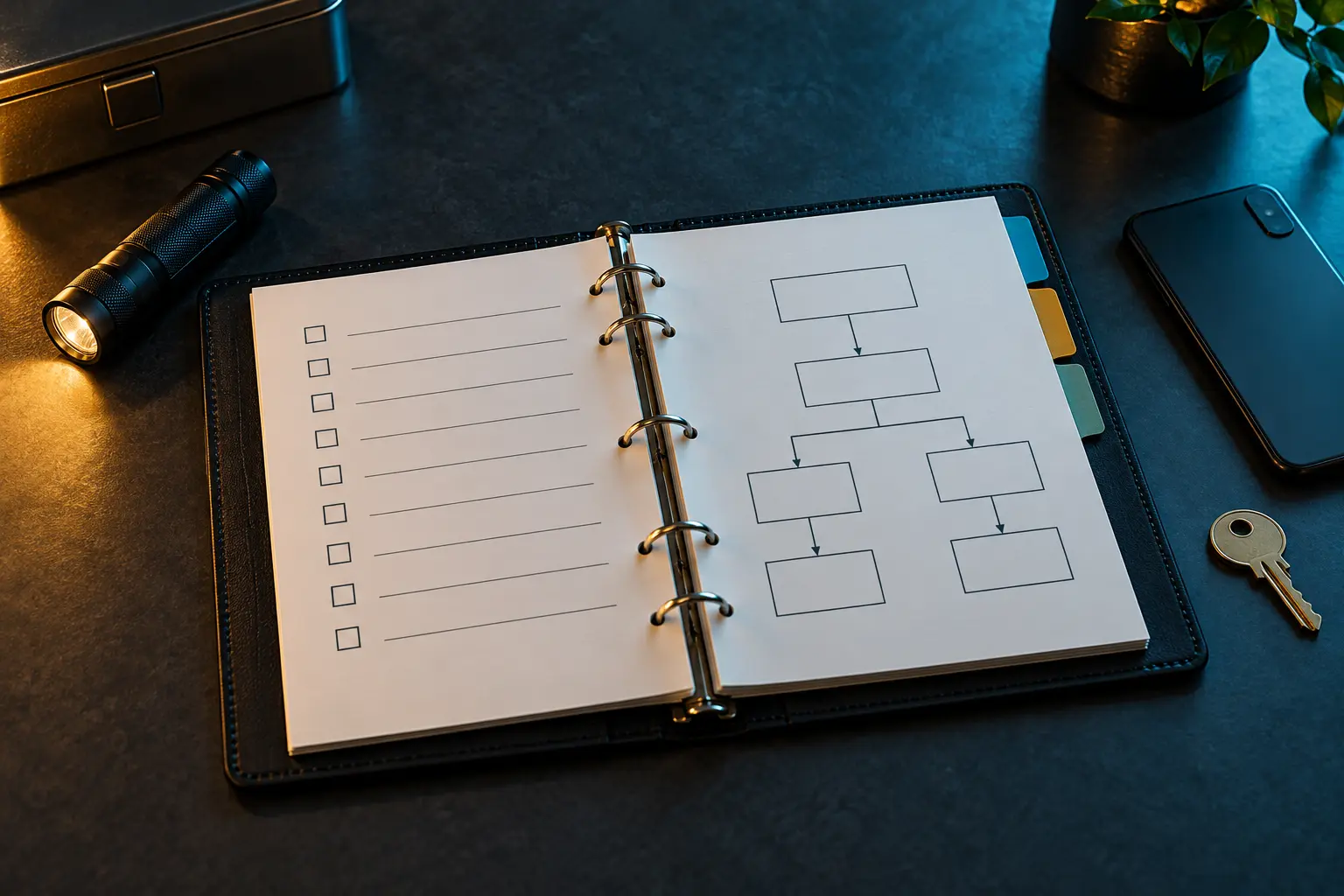 Conceptual open ring binder with blank checklist lines and a branching flowchart beside a flashlight, key and face-down phone