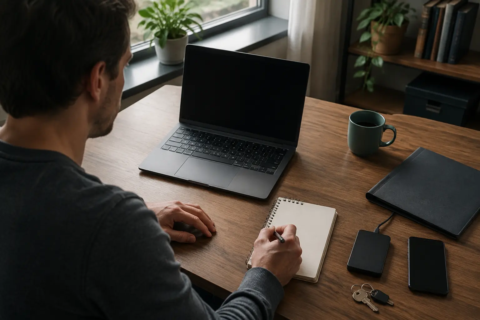 A person at a home desk inventorying a laptop, phone, external drive, keys and paper records