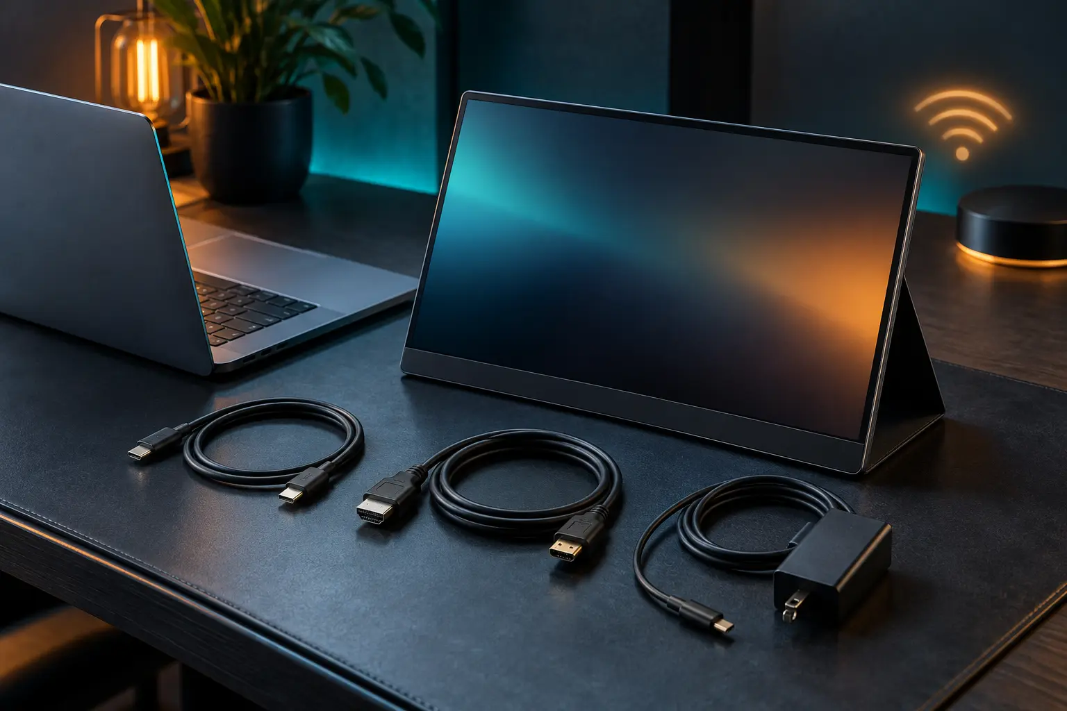 Generic unbranded laptop and portable display beside USB-C, HDMI and separate power cables with an abstract wireless symbol