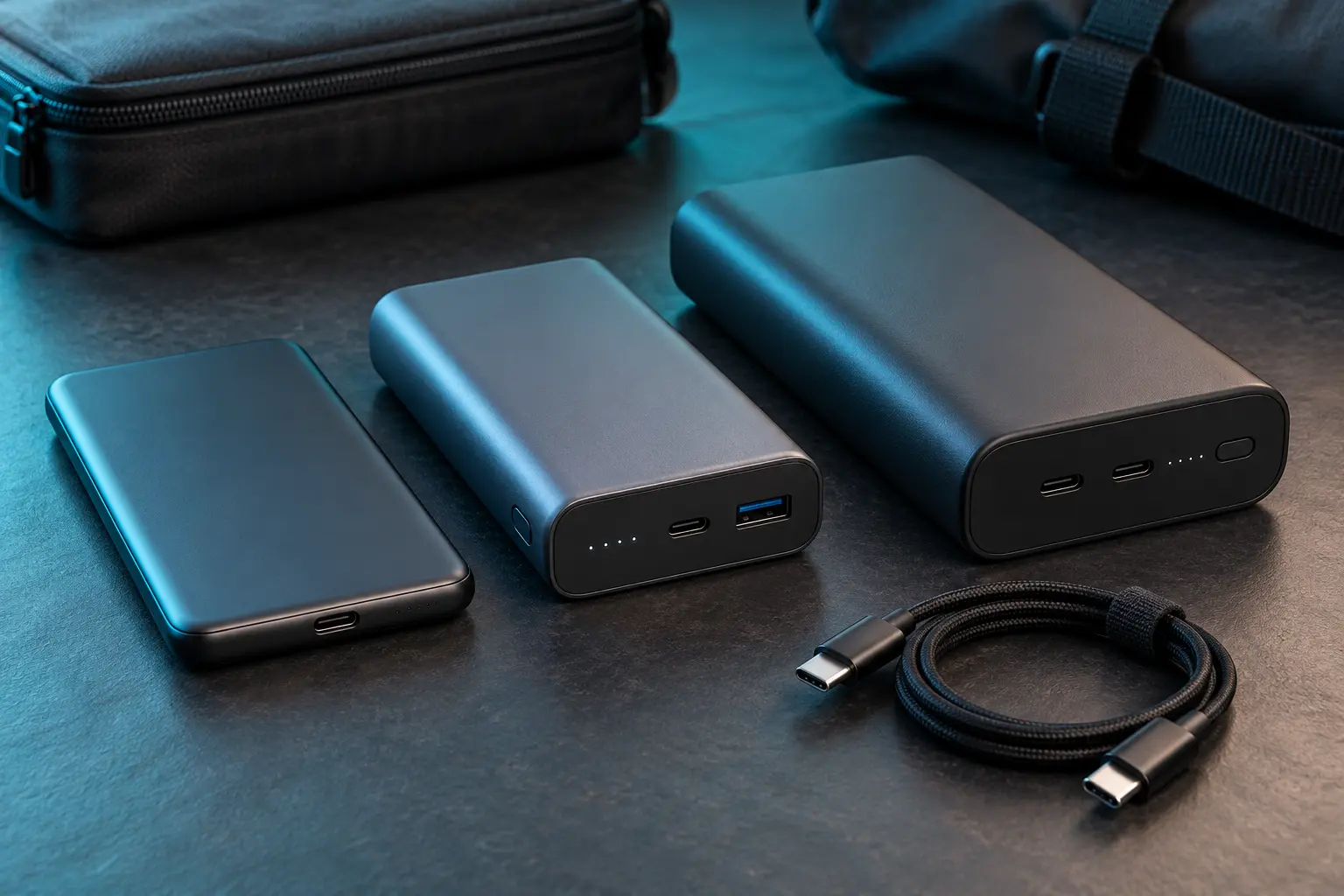 Three generic unbranded USB power-bank sizes with different USB-C and USB-A port layouts beside a cable