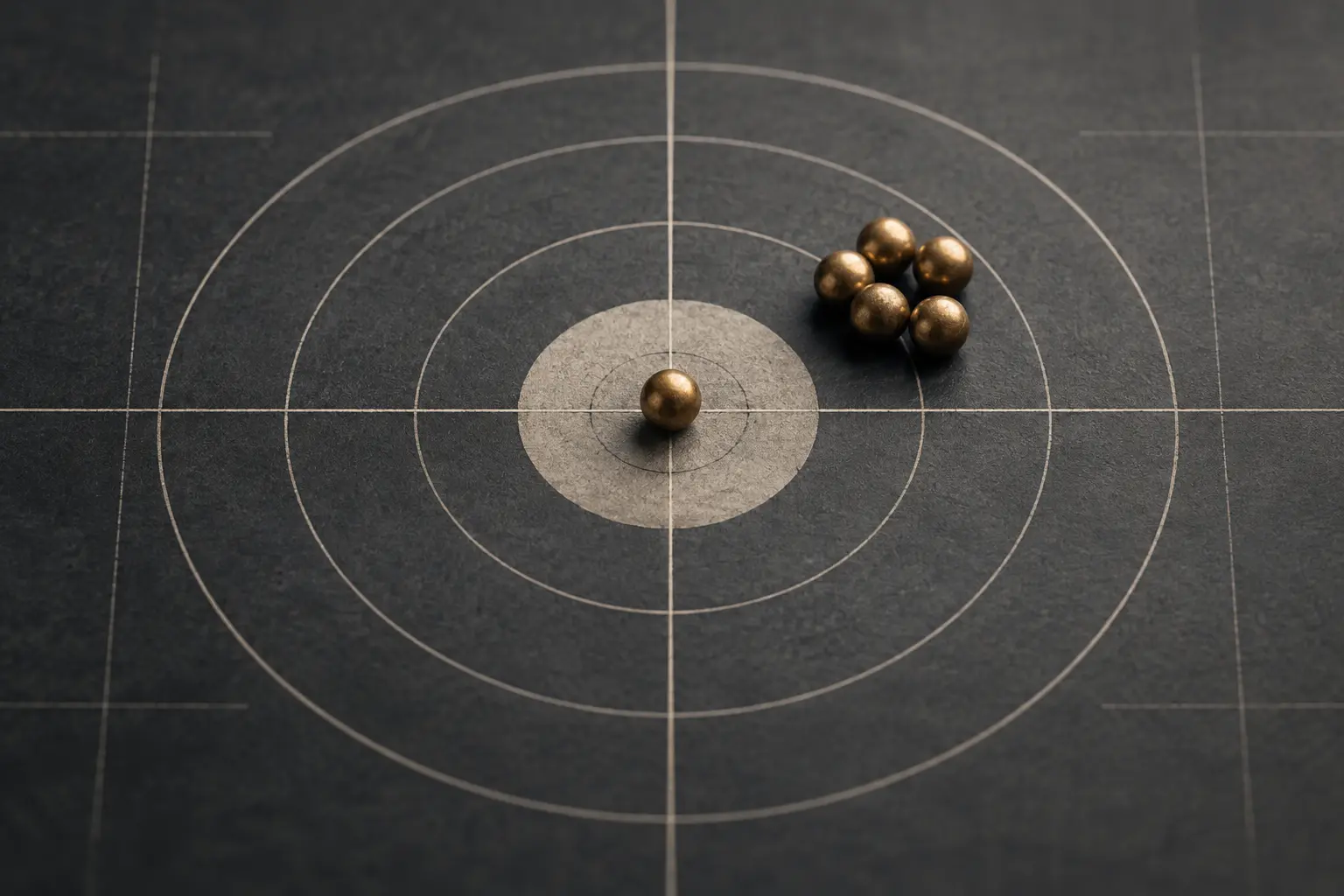 Conceptual target with one centered brass marker and a tight cluster of markers offset from the center