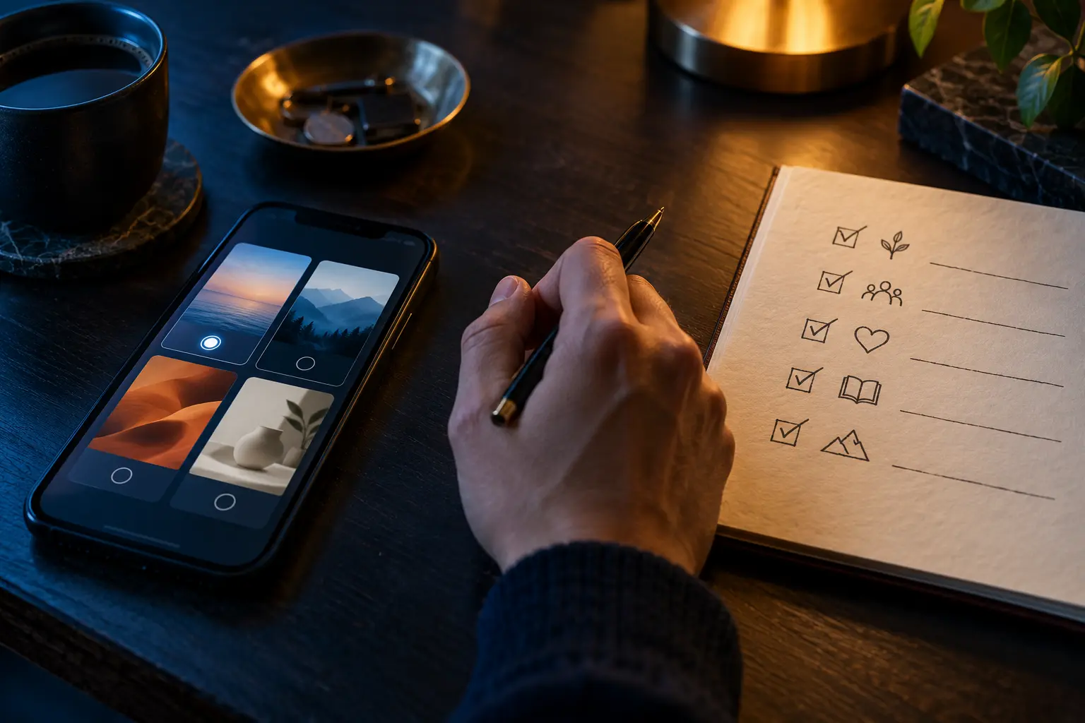 A hand writing priorities in a notebook beside a phone showing abstract choice cards
