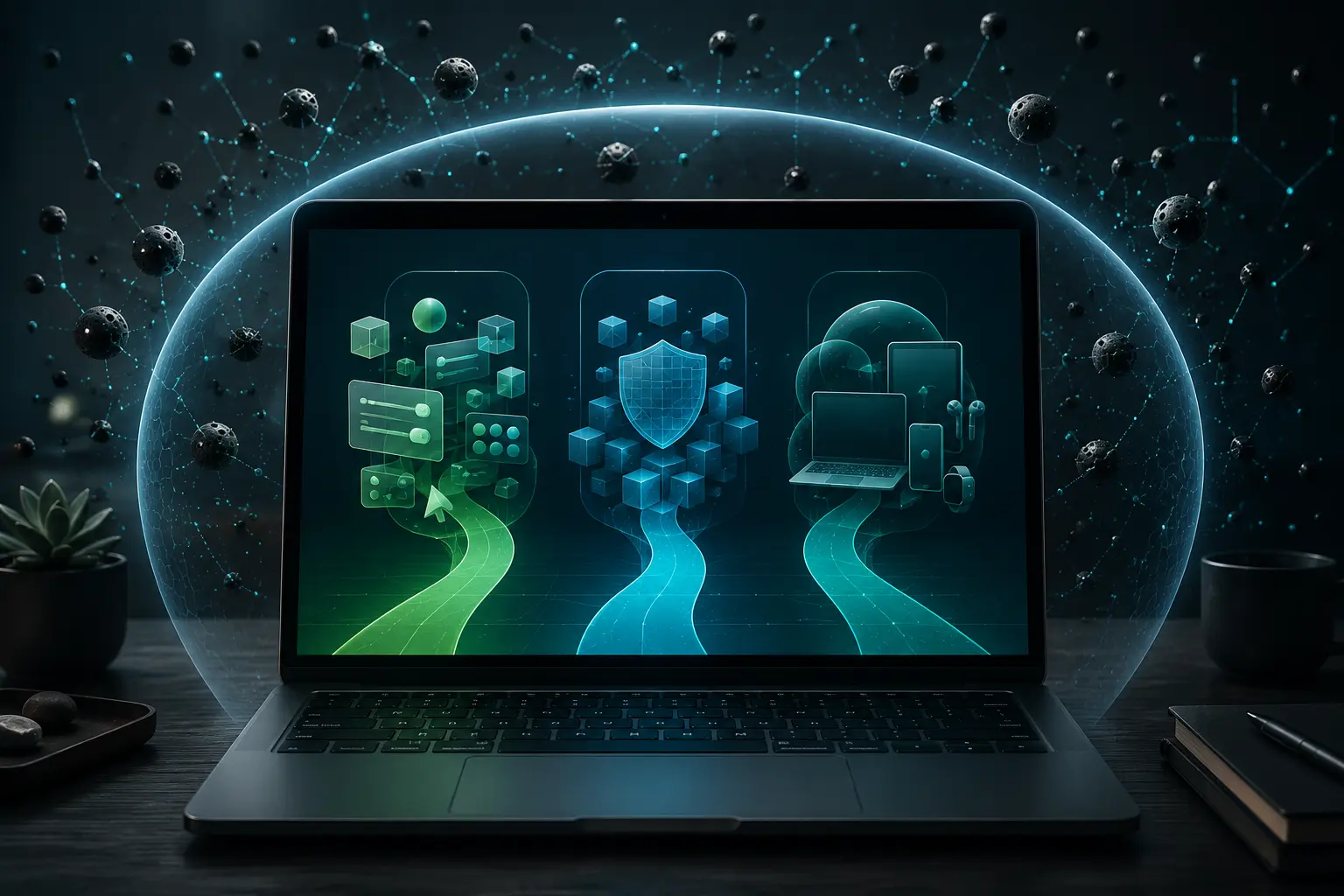 Conceptual editorial illustration of three protected browser pathways on a laptop while tracking particles remain outside a privacy boundary