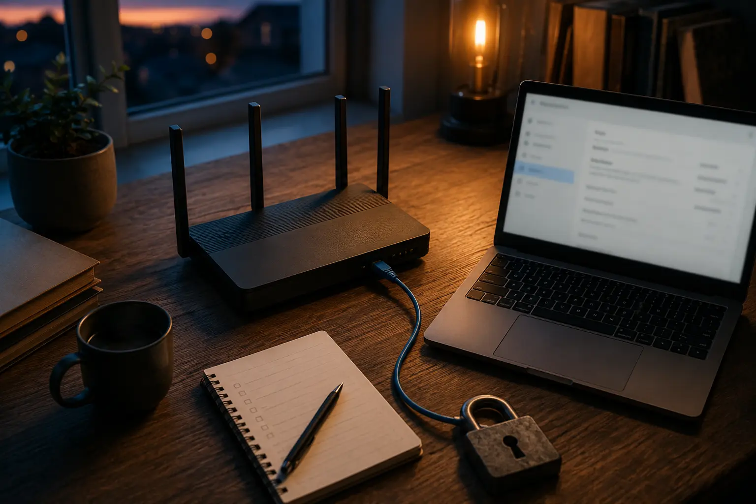 An unbranded home router and laptop arranged for a careful network configuration