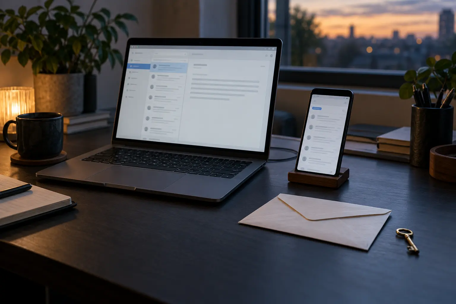 An unbranded laptop and phone showing generic mail layouts beside a sealed envelope and brass key
