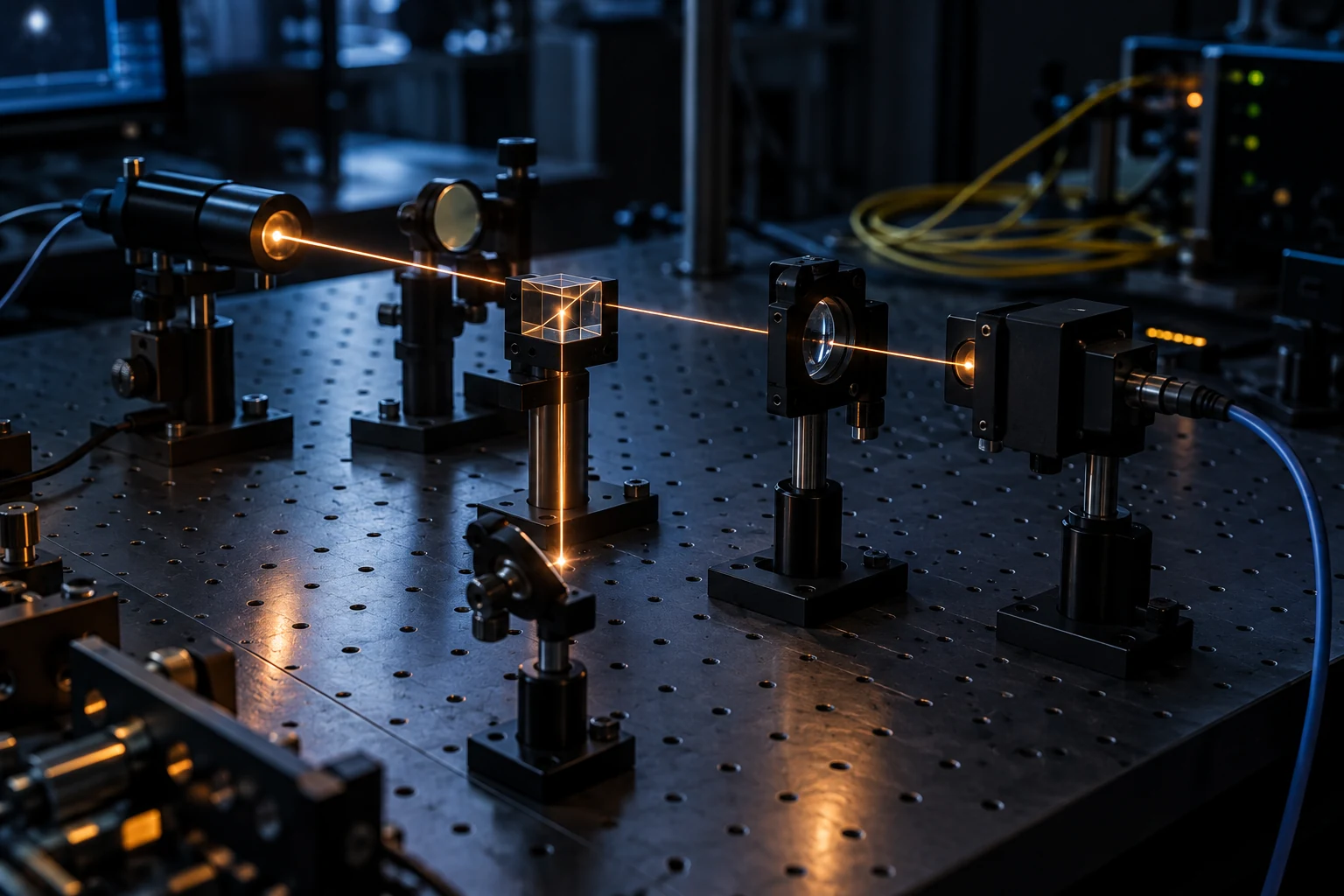 A dark optical laboratory table with a beam splitter, mirrors and an electronic detector recording light without a person present