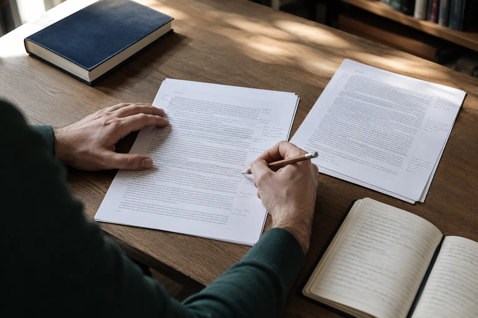 A reader annotating printed academic papers with a pencil at a sunlit library table