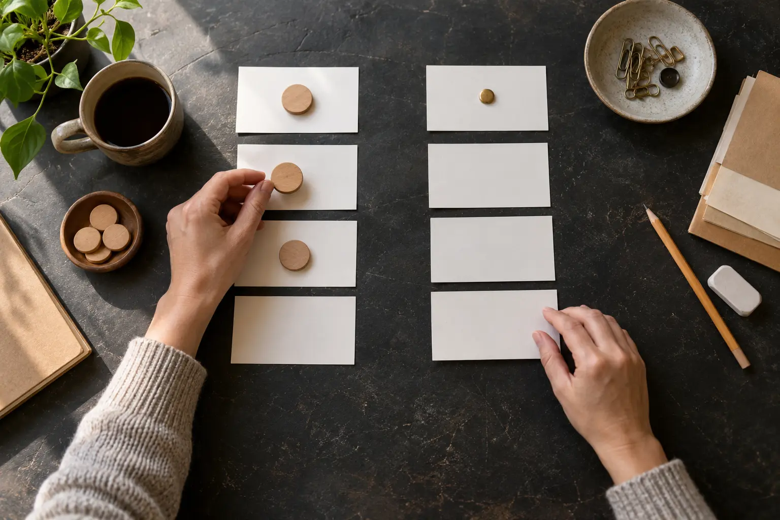 Hands arranging blank index cards and movable wooden tokens into two decision paths on a worktable