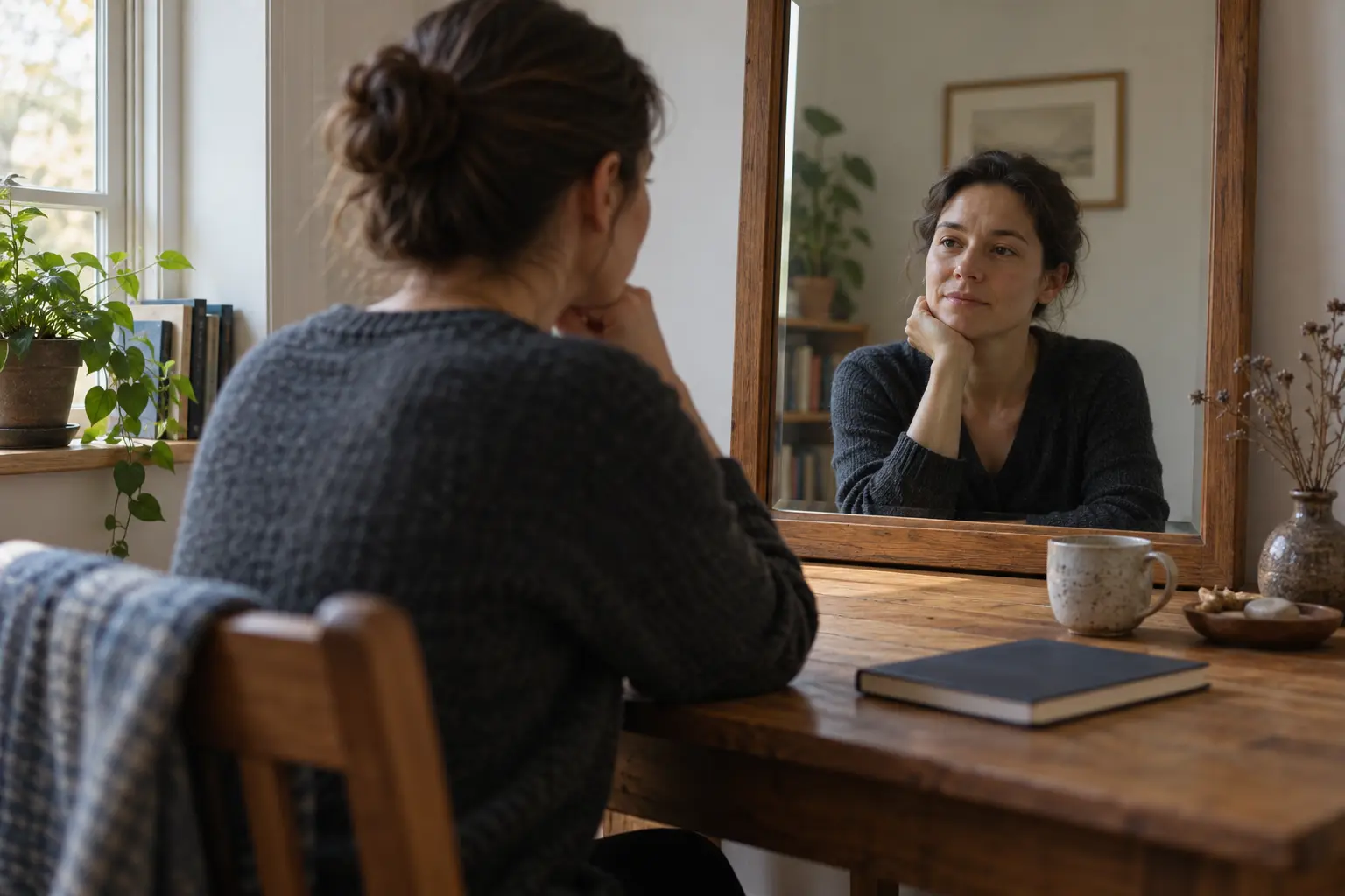 A person quietly observing their posture and expression in a plain mirror beside a closed notebook