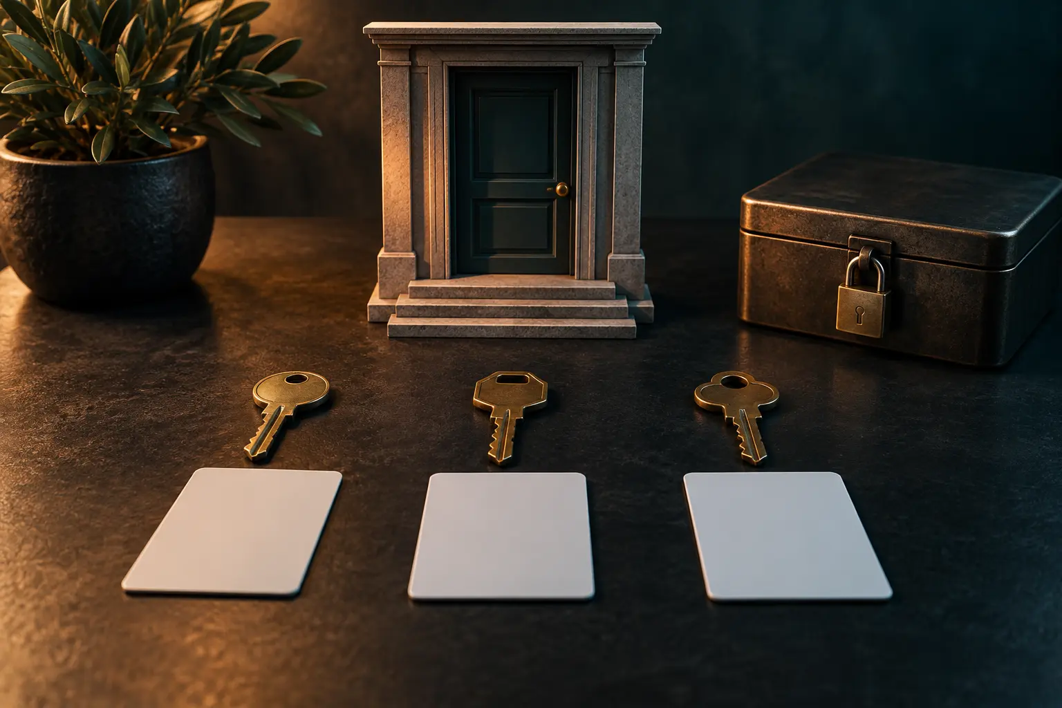 Conceptual household doorway, locked box, three distinct brass keys and three separate blank access cards