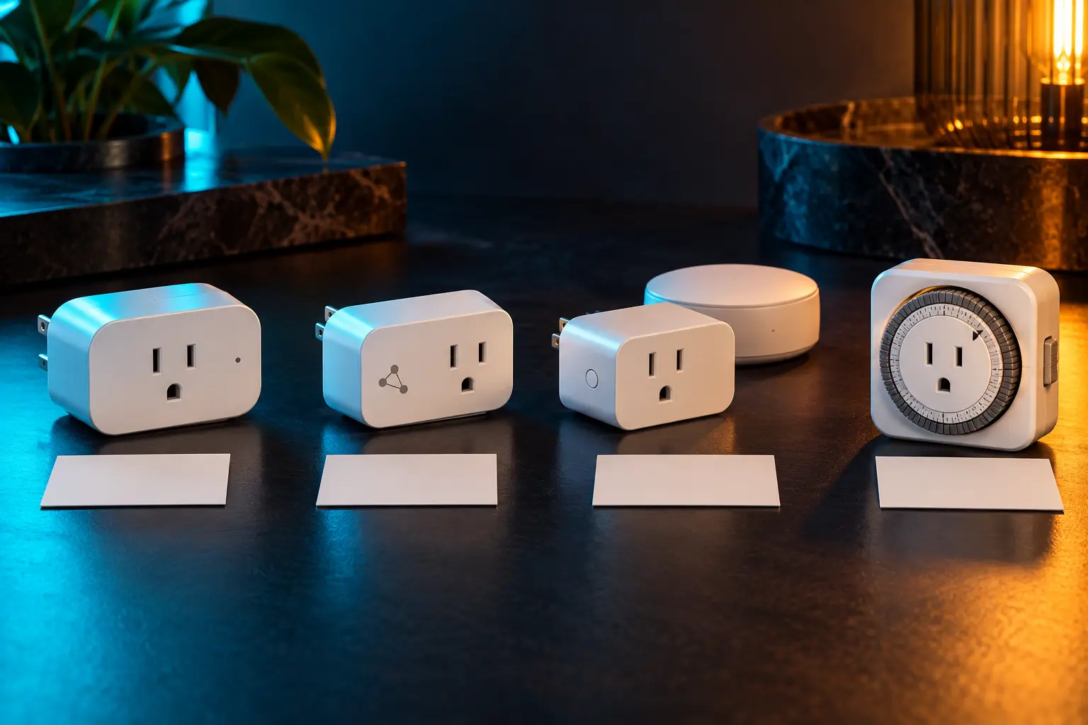 Conceptual lineup of three unbranded North American smart-plug categories, a small hub and a mechanical outlet timer