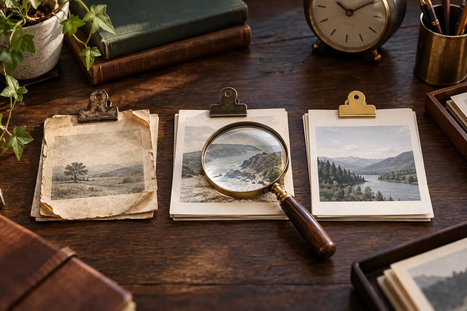 Conceptual desk with three clipped source cards, one faded, one under a magnifying glass and one cleanly preserved