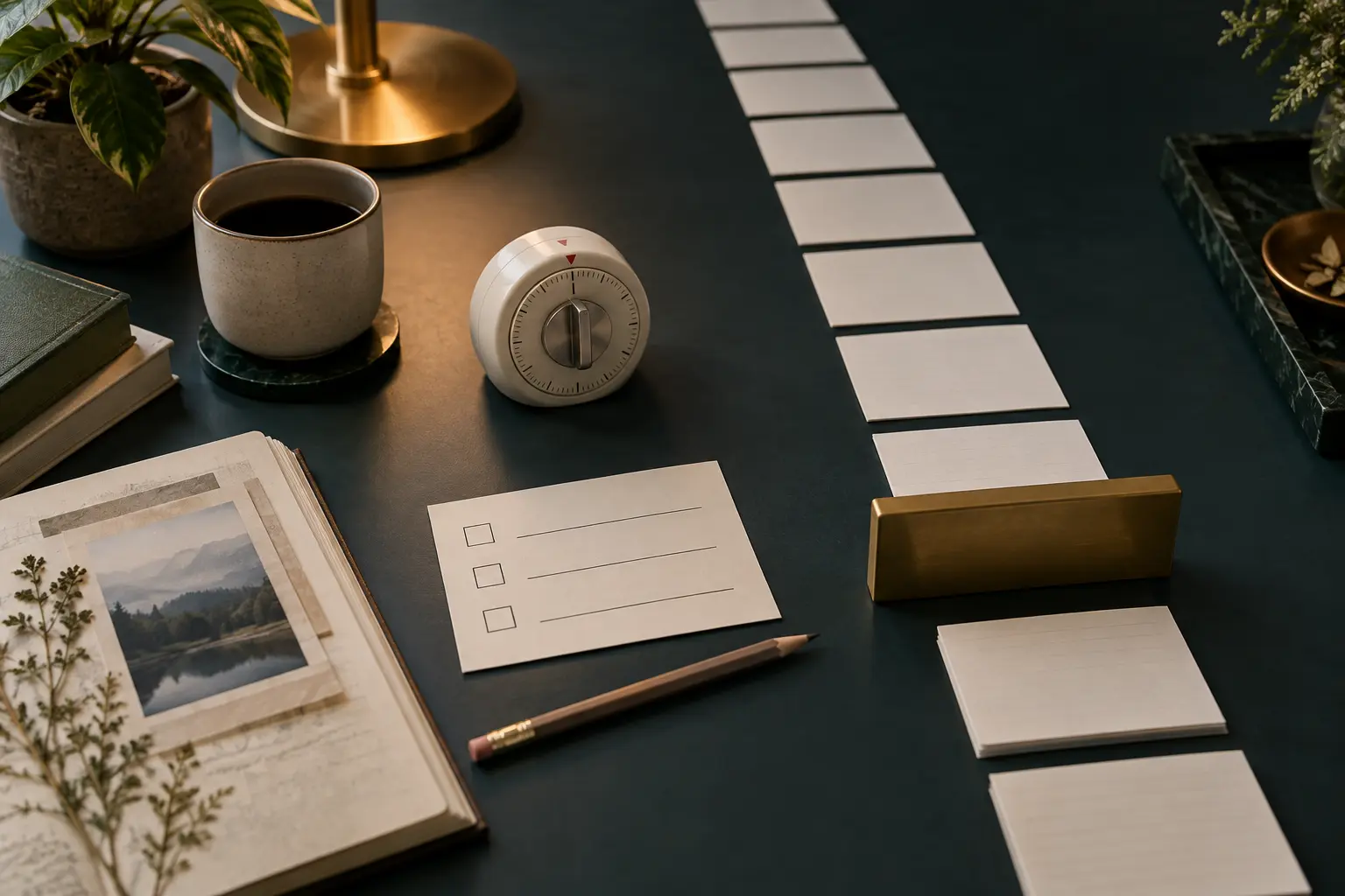 Editorial desk with a timer, blank checklist and brass stop block interrupting a path of index cards