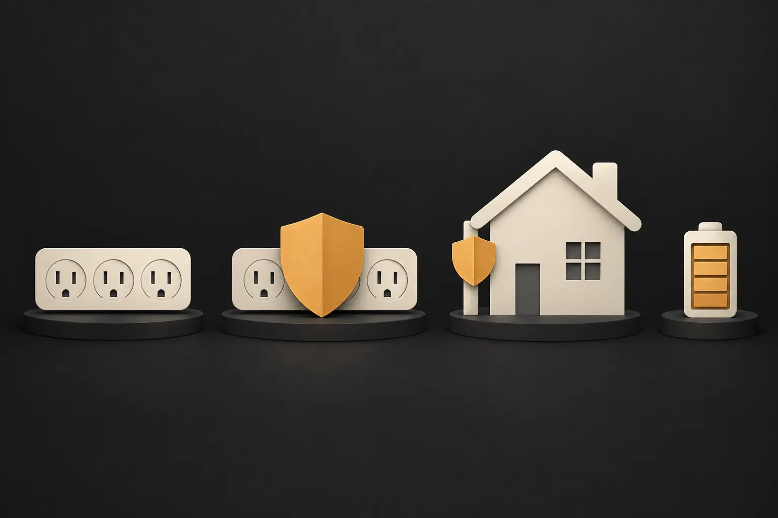 Conceptual illustration of outlet expansion, plug-in surge shielding, whole-home surge shielding and a separate backup battery