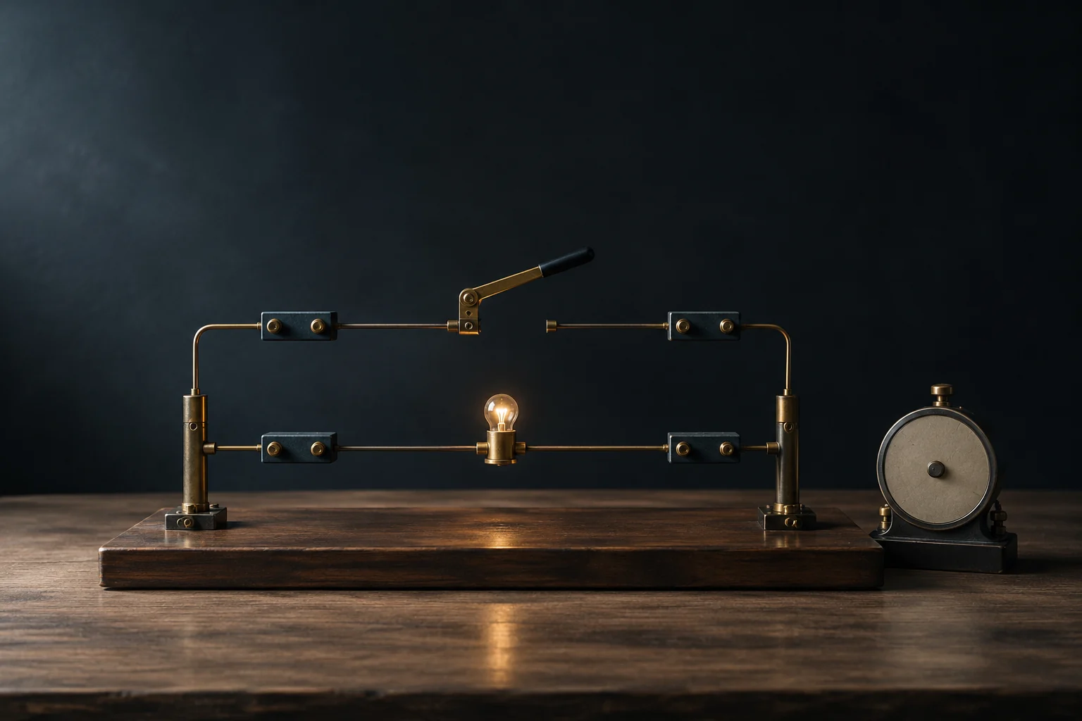 Conceptual tabletop apparatus with one path open and a second path keeping a small lamp illuminated