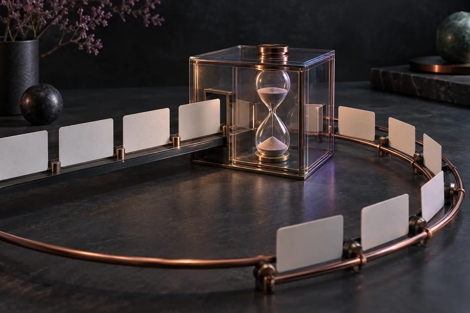 Conceptual queue of blank cards looping through a transparent chamber containing an hourglass