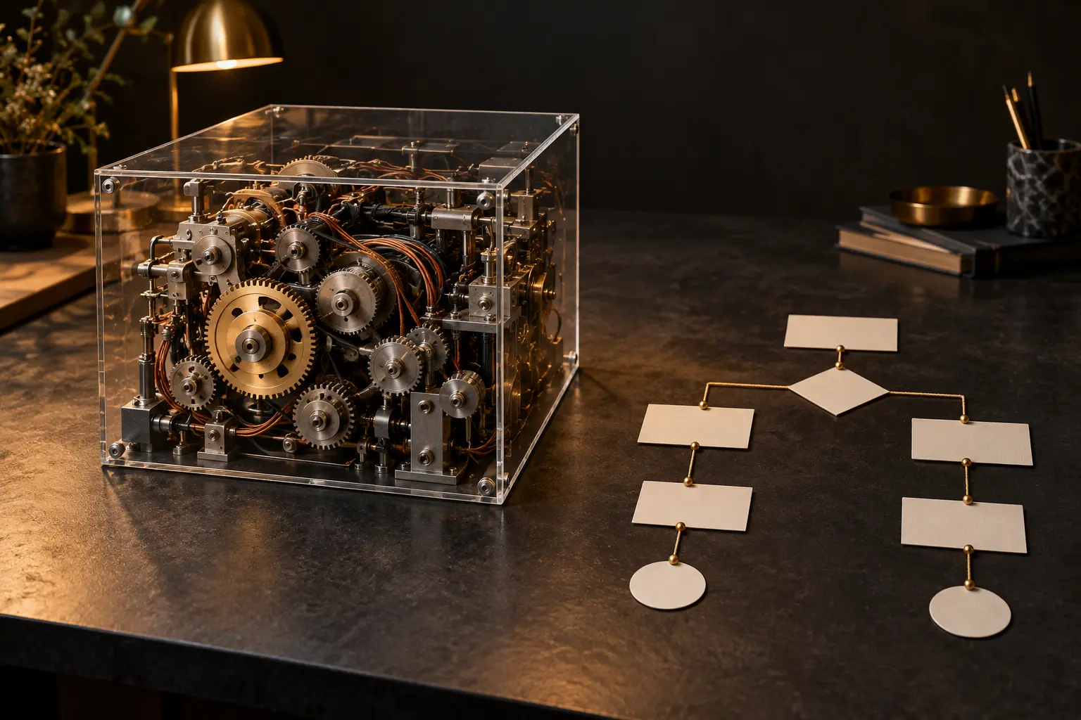 Conceptual transparent case exposing a dense mechanism beside a simple card-based flow map
