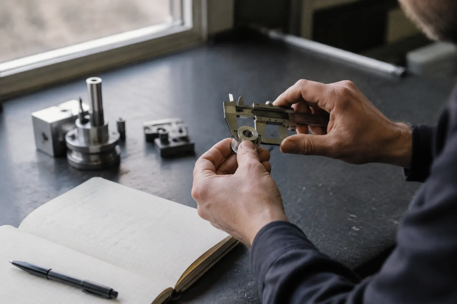 An engineer measuring a machined metal part with a precision caliper beside a working notebook