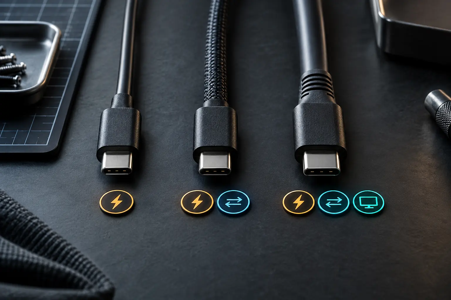 Three generic USB-C cables paired with abstract power, data and display capability symbols