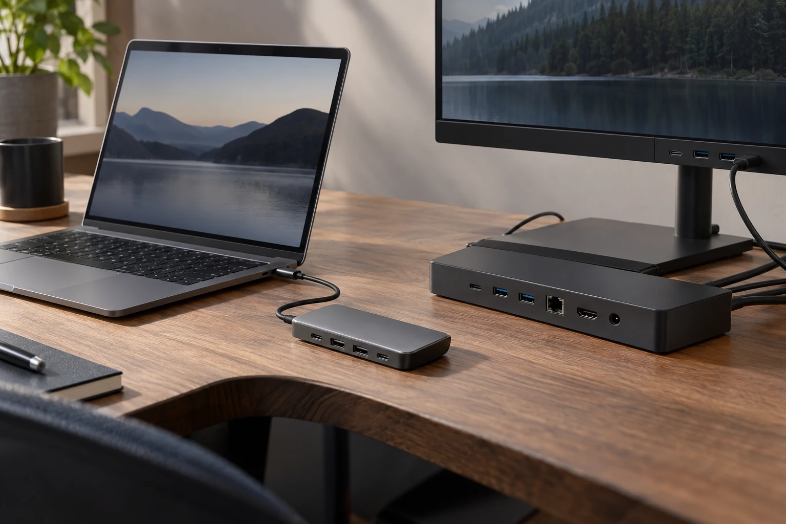 An unbranded laptop beside a compact USB-C hub, a larger powered desktop dock and a monitor with built-in downstream ports