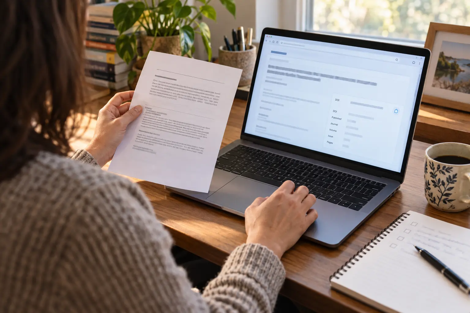A reader comparing a printed citation with an academic article record and DOI metadata on a laptop