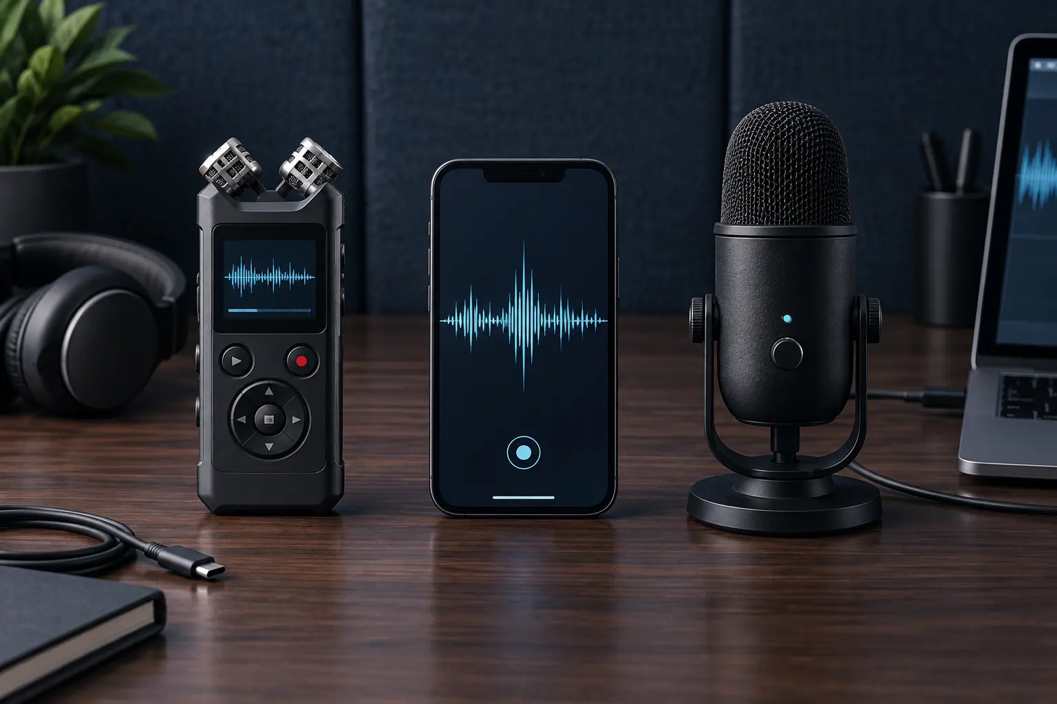 Conceptual comparison of an unbranded handheld recorder, smartphone recording app and desktop USB microphone