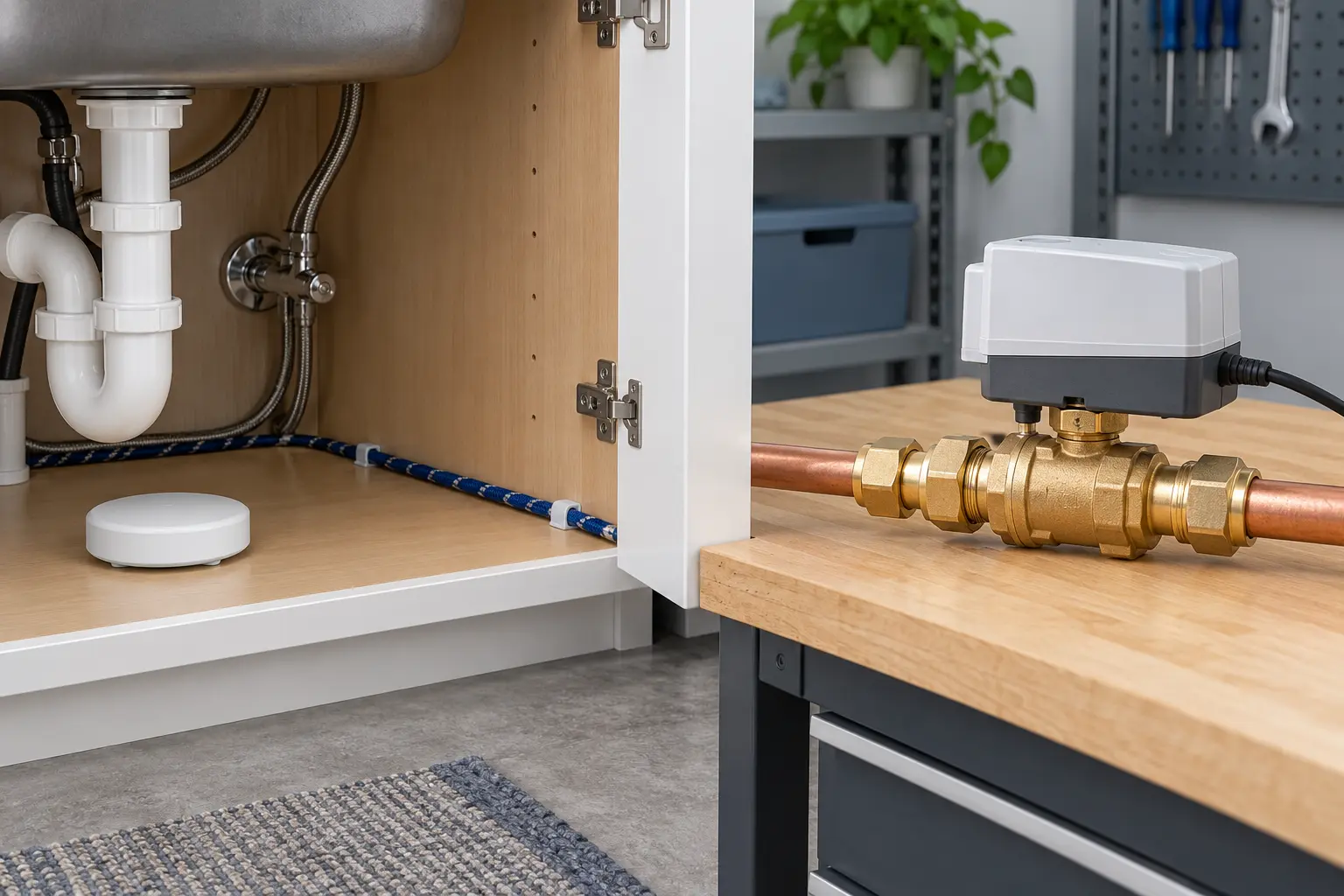 Generic floor leak puck, sensing cable under a sink and separate brass automatic shutoff valve