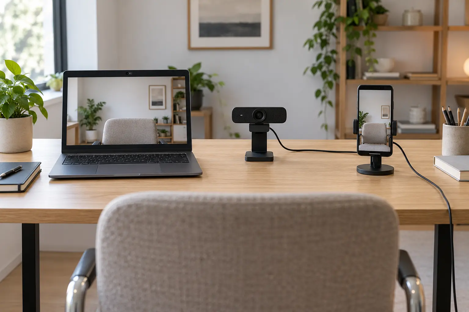 Unbranded laptop built-in camera, separate USB webcam and smartphone on a stable clamp stand aimed at one chair